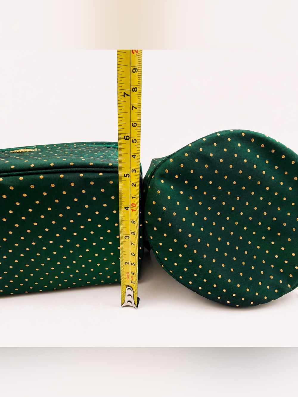 Vintage Dior Cosmetic Bag Set Green Gold Polka Dot NOS - Picture 14 of 16